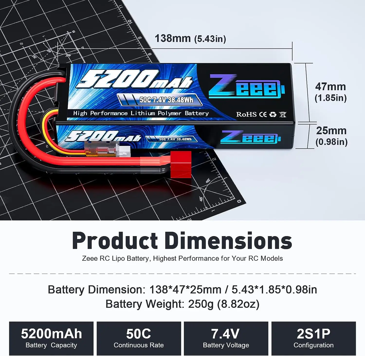 Zeee 2S 5200mAh 7.4V 50C Lipo Battery Hardcase with Deans Plug for RC Car Truck RC Truggy Heli Airplane FPV Drones Racing Parts