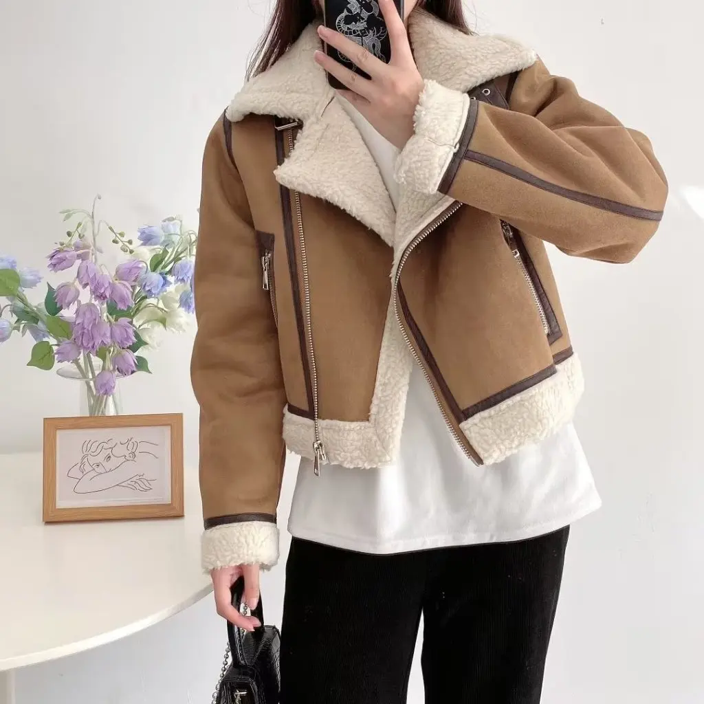 

Women's Short Trendy Lapel Motorcycle Jacket Autumn Winter Fashion European American Street Top