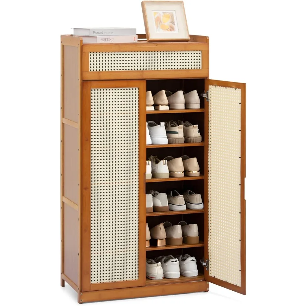 

Slim 7 Tier Shoe Storage Cabinet with Doors, Bamboo Multifunctional Organizer Rattan Pattern Rack Unit Up to 21 Pairs