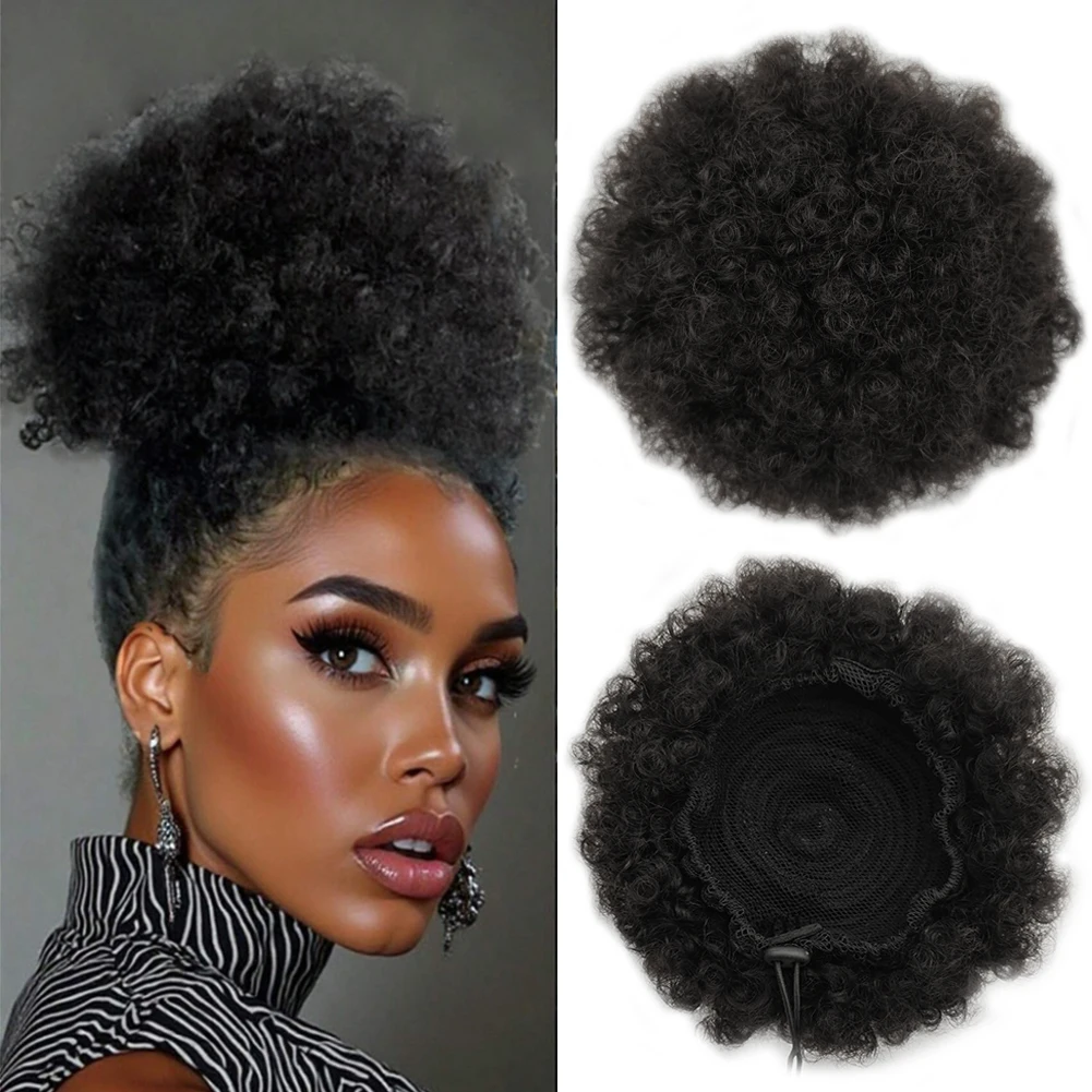 Ekstensi ekor kuda dengan tali serut Afro Puff untuk wanita warna hitam 100% rambut manusia jepit pada ekor kuda keriting keriting tahan lama lembut alami