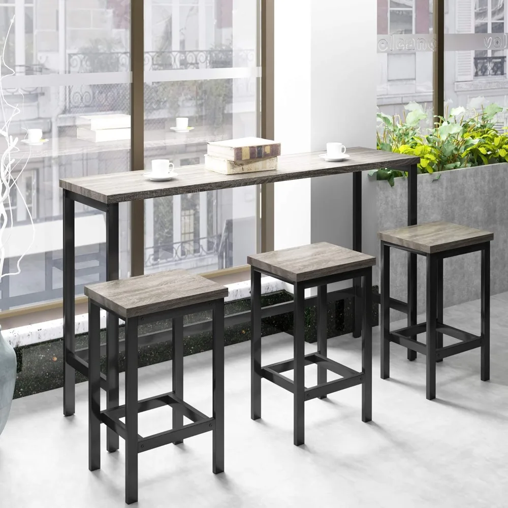 

4 Piece Long Bar Table Set,Counter Height Console Table with 3 Stools,Long Kitchen Console Table with 3 Stools with Footrest fo