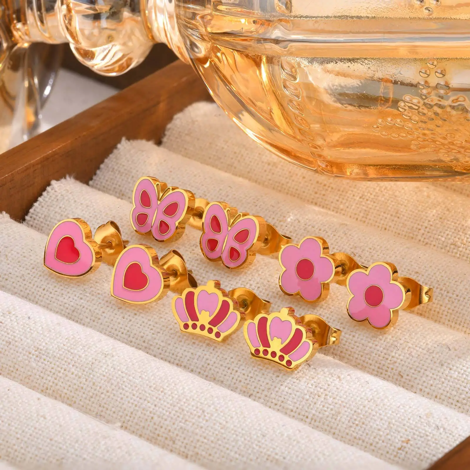 Vnox Sweet Heart Crown Flower Butterfly Stud Earrings for Girls,Cute Pink Enamel Stainless Steel Anti Allergy Earrings Gift