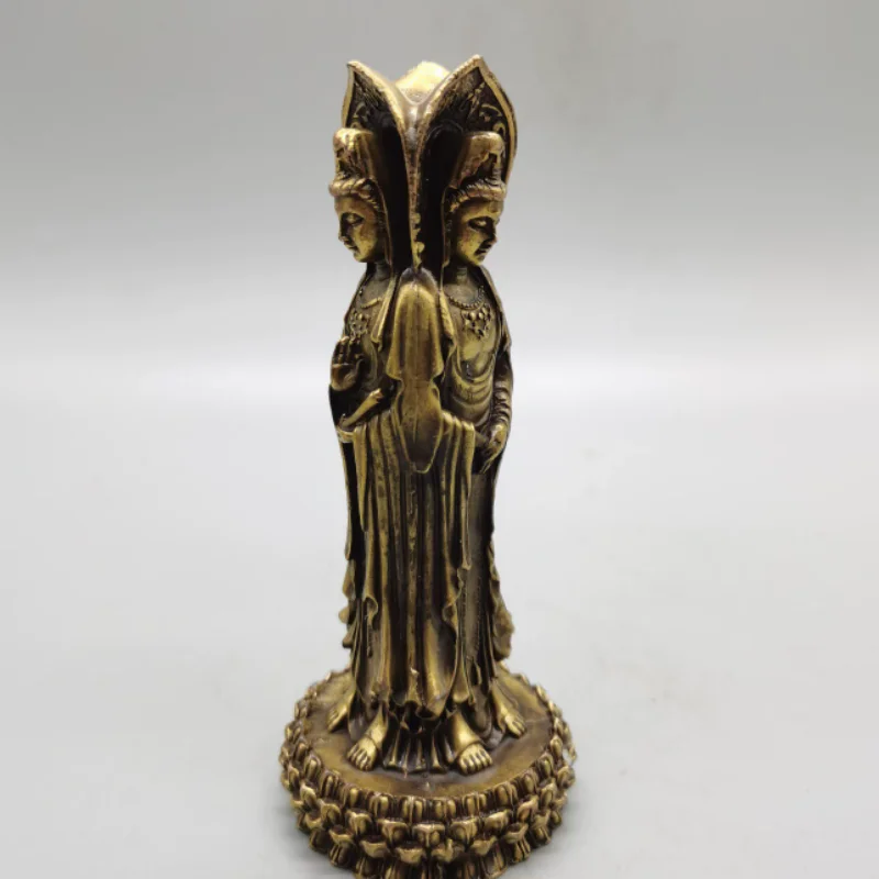 Antique Bronze Three-Faced Guanyin Statue - Sacred Bodhisattva Sculpture, Retro Feng Shui auspicious ornament & Home Decor