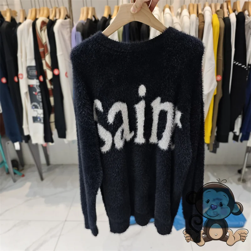 Fashionable new black mohair Saint knitted sweater with large logo, thick and loose men's and women's knitted top