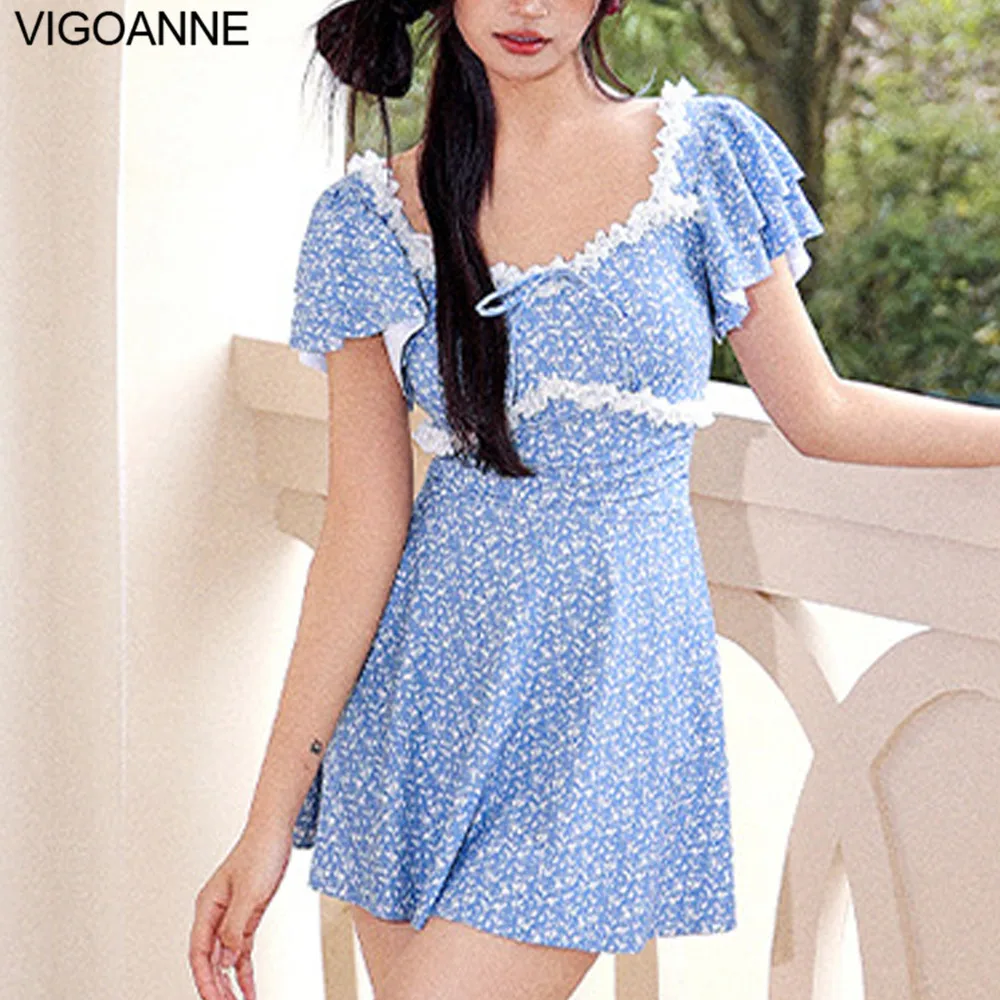 VigoAnne Print Short Sleeve Dress Swimwear Women 2024 Puah UP One Piece Swimsuit Korean Verge Monokini Summer Beach Bathing Suit