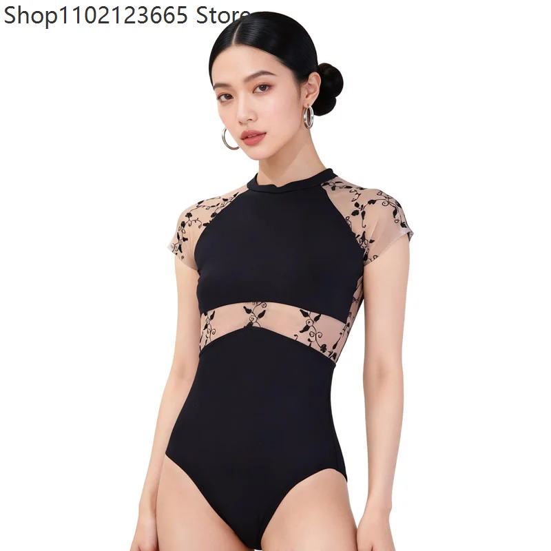 

Women's Standup Short sleeve Ballet Dance Leotard Splicing embroidery Gymnastics Dancing Costume Adult Ballerina Dancewear 2026