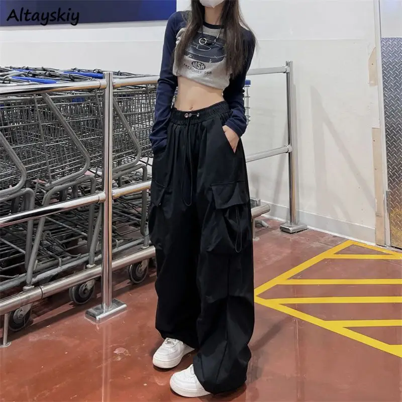 

Solid Pants Women Summer Cool Girl High Street Elastic Waist Korean Fashion Causal Chic Loose 3XL Pleated All-match Safari Style