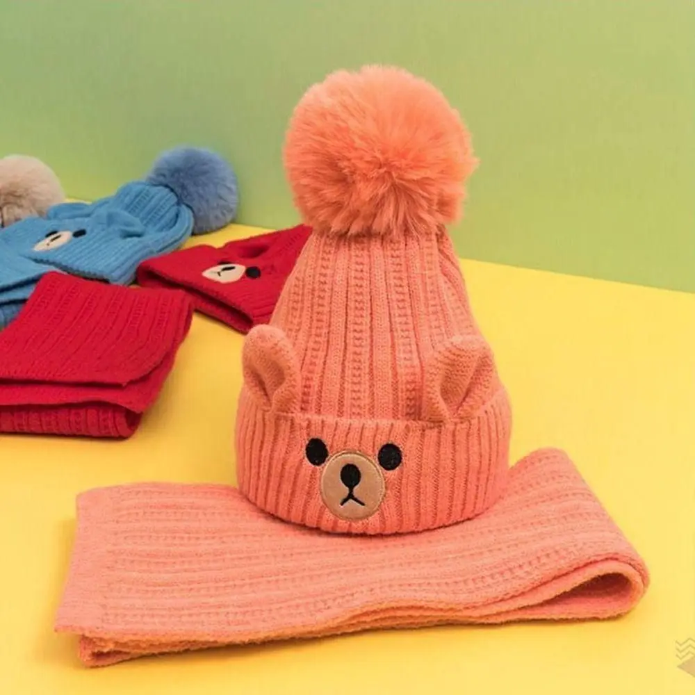كل مباراة الدببة القطيفة الأطفال وشاح قبعة مجموعة الكرتون الحياكة قبعة صوف لطيف الرقبة أدفأ قبعة محبوكة دافئة الفتيات