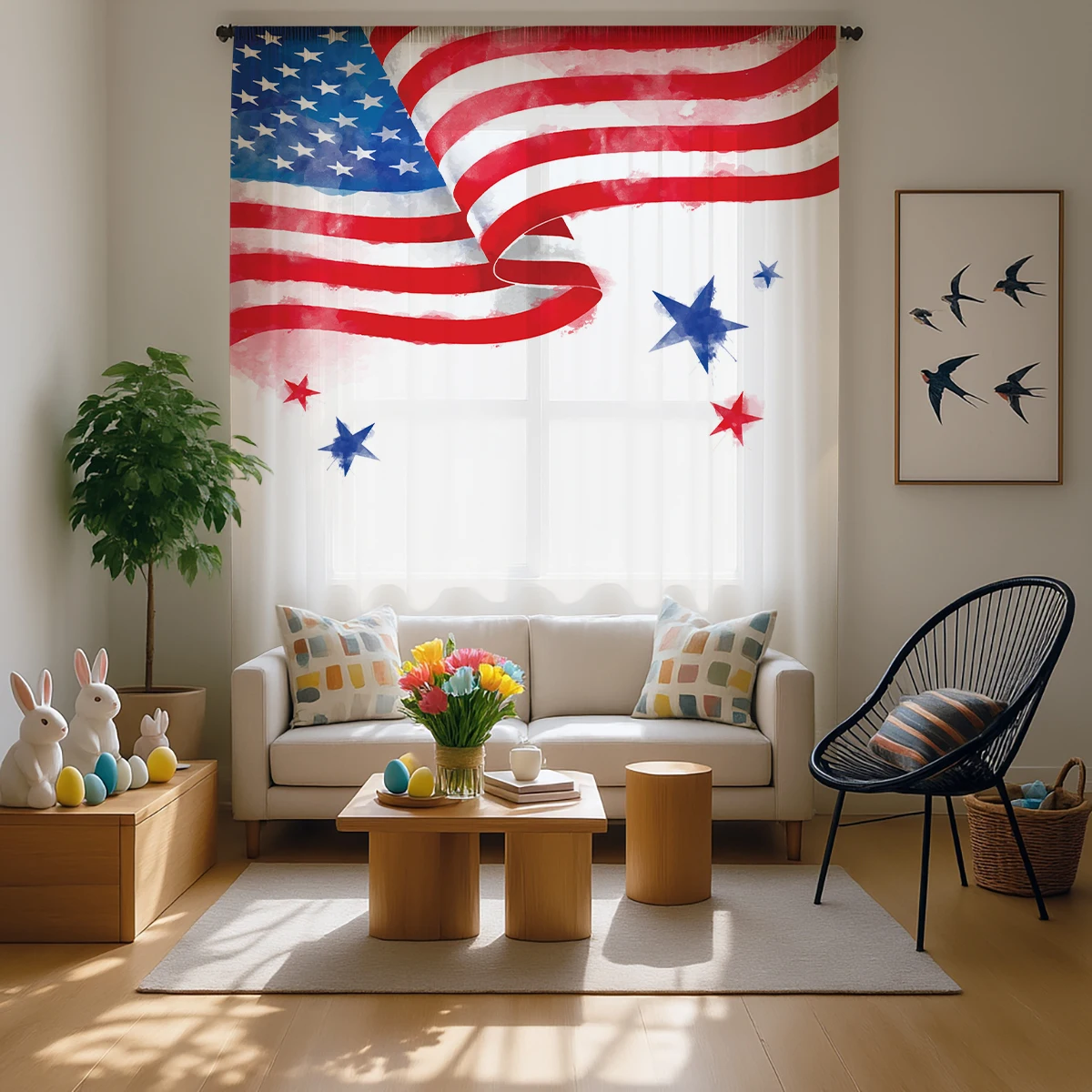 Independence DaySheer Curtain, Good Quality Modern Voile for living Room Bedroom Decoration, Mother's Day Gift, Machine Washable