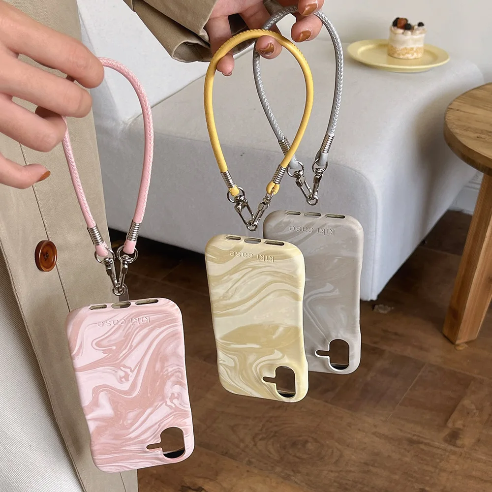Retro Style Marble Pattern Silk Texture Leather Case For iPhone 16 15 14 13 12 11 Pro Max Phone Cover Fall Prevention Lanyard