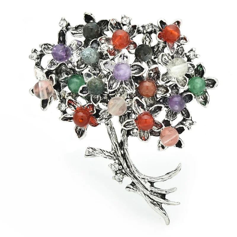 Wuli&baby Natural Stone Flower Brooches For Women 4-color Tree Plants Party Office Brooch Pins Fashion Jewelry Gifts