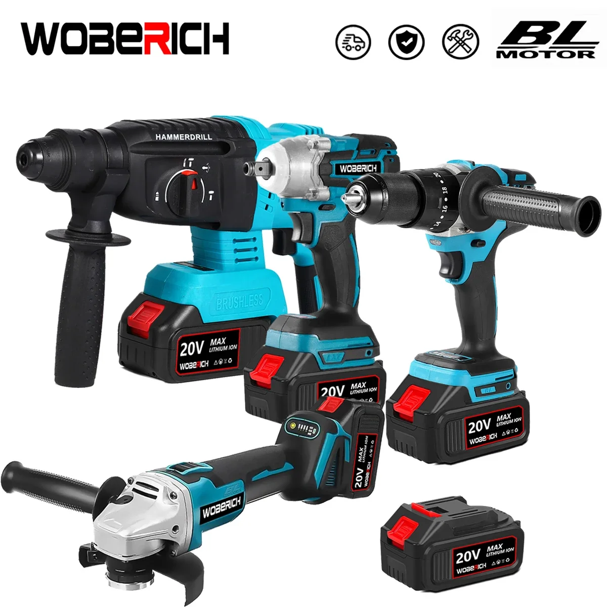 

Brushless Electric Angle Grinder Impact Wrench Impact Drill Rotary Hammer Combo Kit Power Tool Sets With 2xBattery For Makita