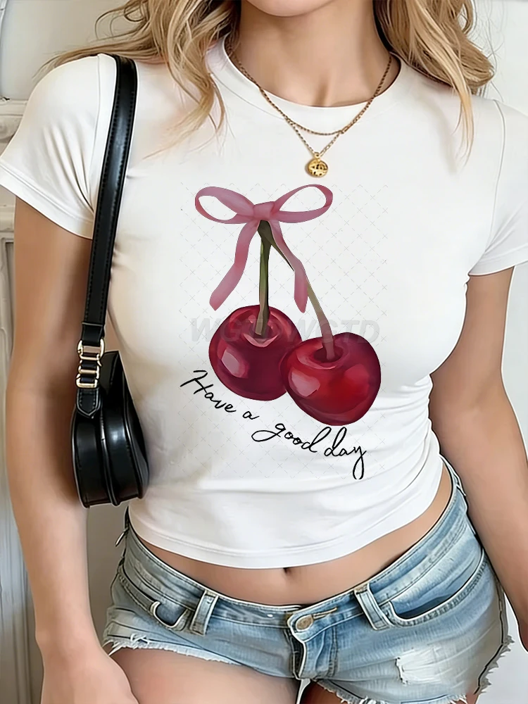 

Have A Good Day Print Cherry Crop Top Vintage Short Sleeve Women's Cotton Clothing Round Neck Fun Cherry Cropped T-shirt Sexy