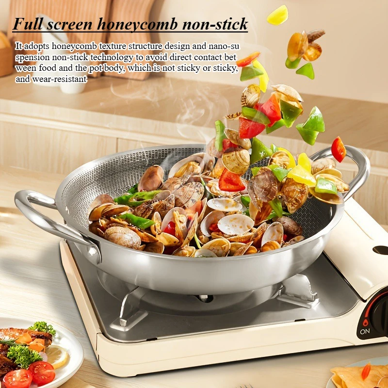 410 gradestainless steel double ear frying pan honeycomb non stick pan household frying pan induction cooker gas stove universal