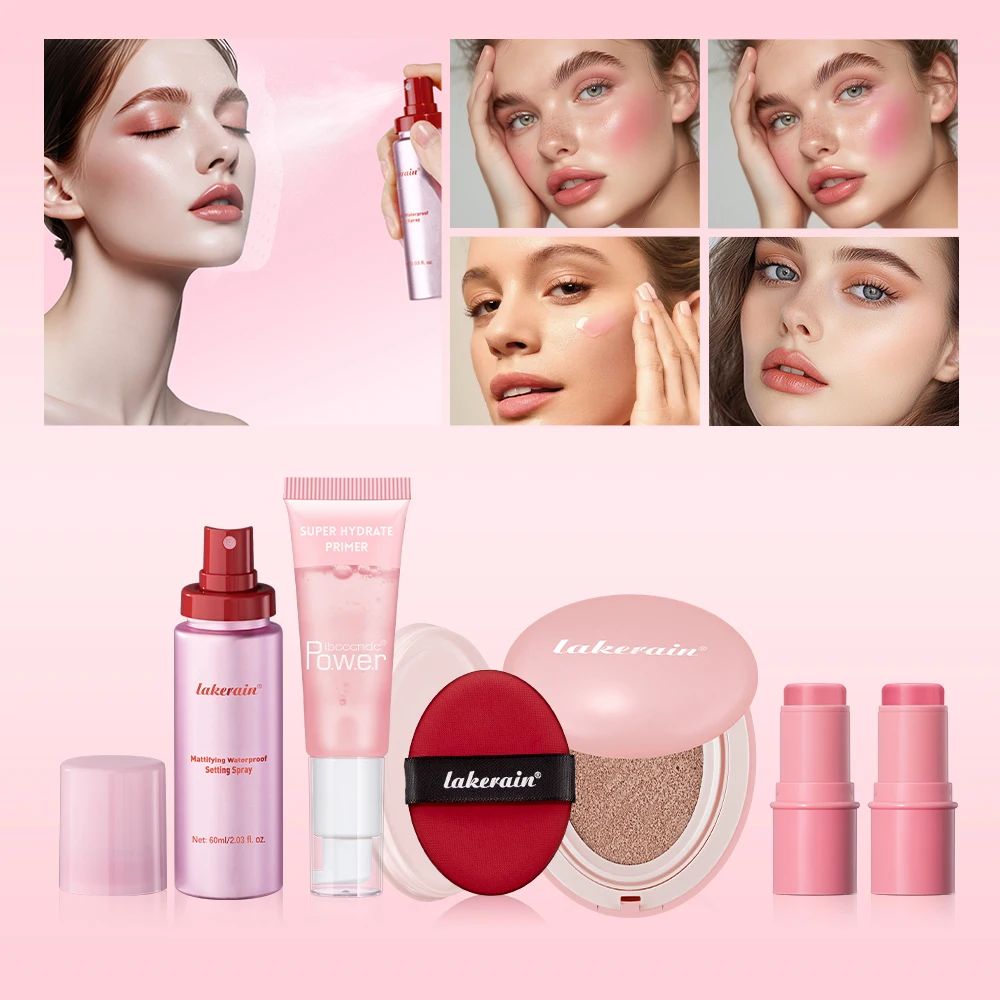 Ensemble de maquillage rose, Spray fixateur d'apprêt comprenant coussin d'air, Base de fond de teint, rouge à lèvres, Kit de cosmétiques pour tenue de Blush, 5 pièces/ensemble