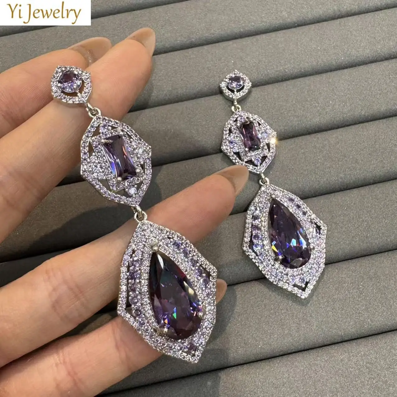 

luxury elegant earrings zirconia purple multicolor water drop dangling earrings for women dinner party jewelry anniversary gift
