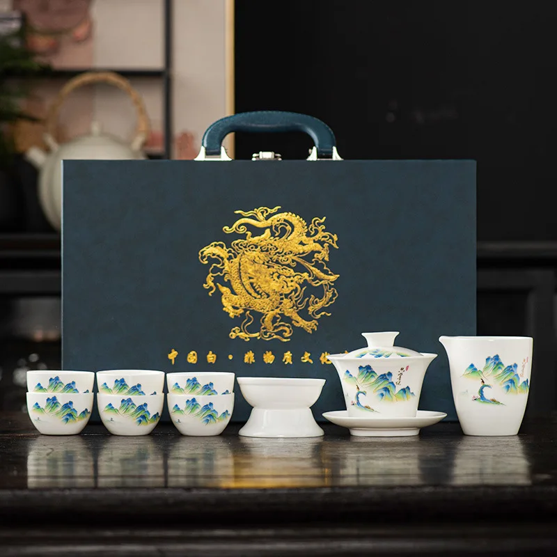 Enterprise Custom Chinese Style Set Sheep Fat Jade White Porcelain Complete High-end Tea Ceremony Reception Office Gift Box Whol