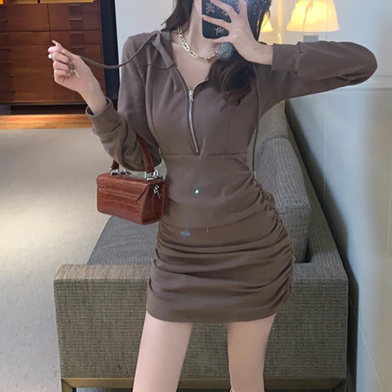 Abito aderente da donna Primavera Autunno Nuova collezione Elegante abito a maniche lunghe snellente in vita grigio nero