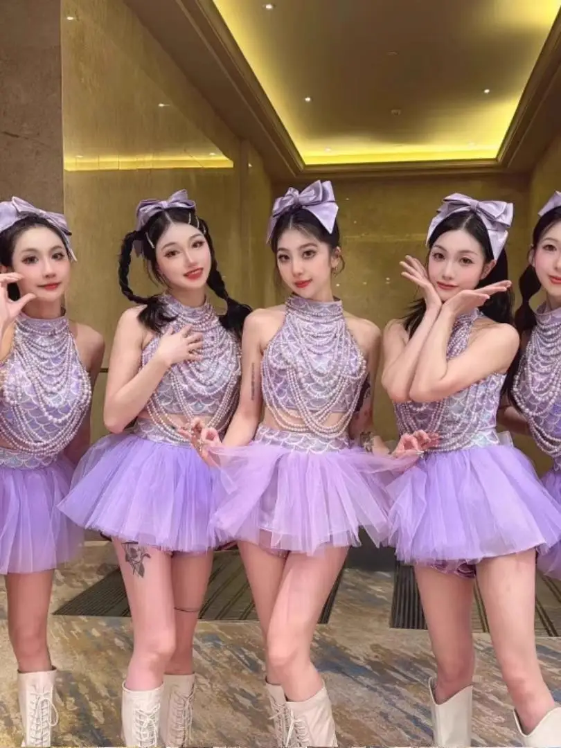 Purple Sequin Puffy Skirt Suit Jazz Dance Performance Outfit Female Group Stage Show Costume Women's Ensemble Bright Shiny