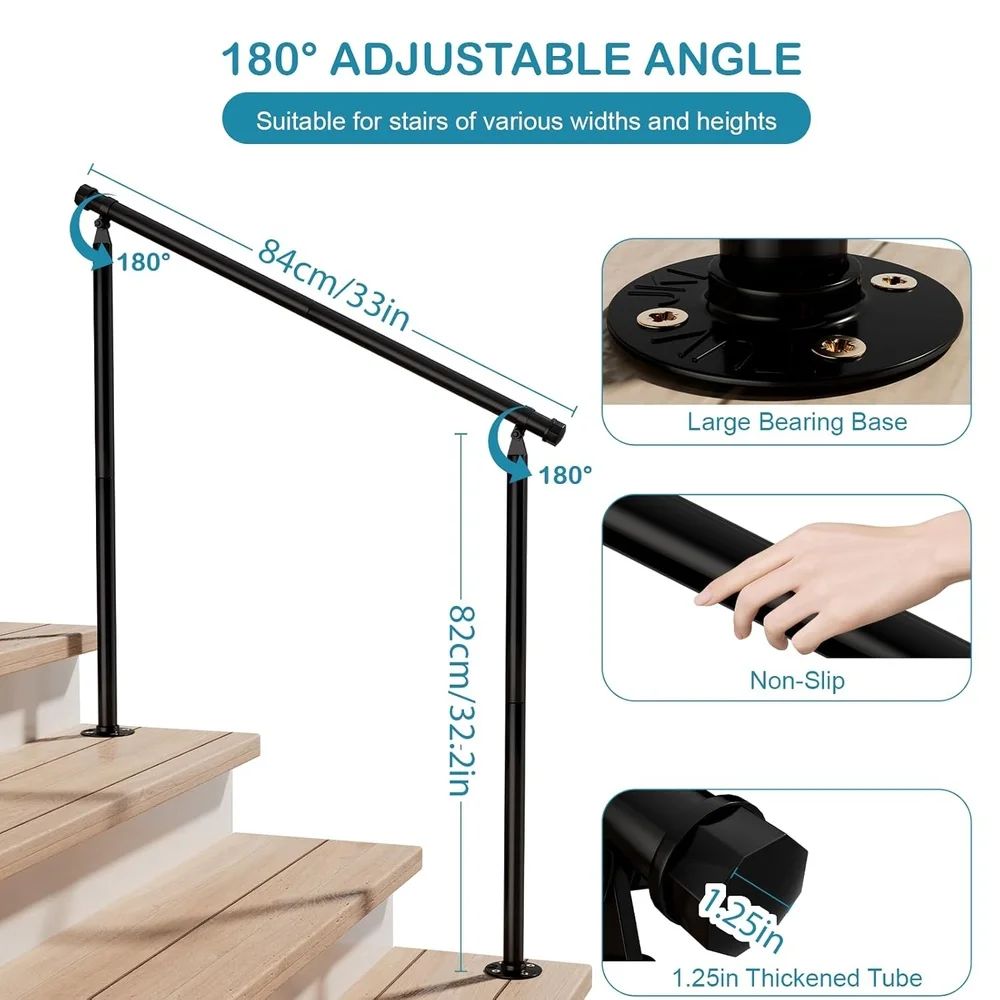 2 Pack Outdoor Handrails 3 Step Wrought Iron Stair Railing Heavy Duty Easy Install Stability Safety Support Steps