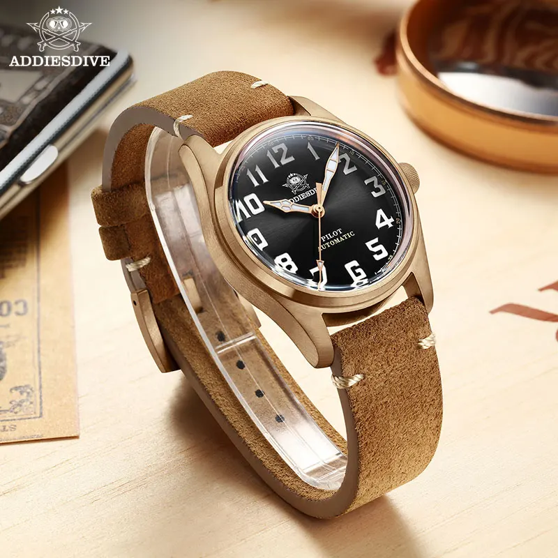 

ADDIESDIVE CuSn8 Bronze Watches Retro Simple Leather Strap Mens Watch 20Bar Luminous Automatic Mechanical watches