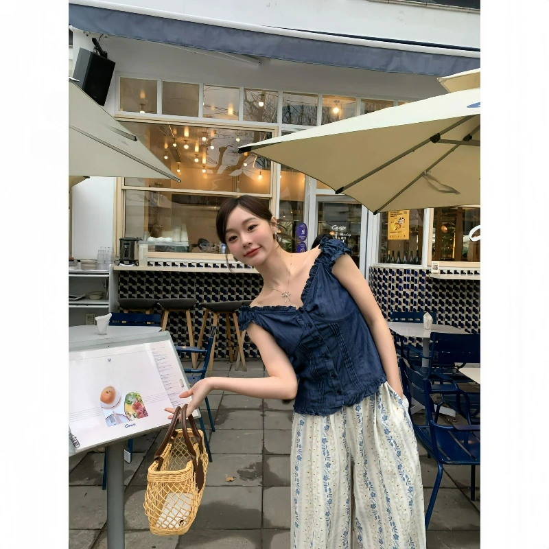 Summer Chic Shirt French Fungus Edge V-Neck Slim Top Femininity Fashion Comfortable Elegance High Quality Individuality