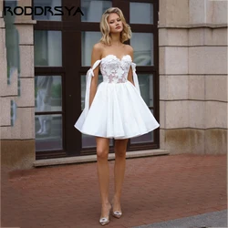 RODDRSYA Mini Simple Satin Wedding Dress Off Shoulder 3D Flower Vestido De Novia Sweetheart Lace A-line Custom Made Bridal Party