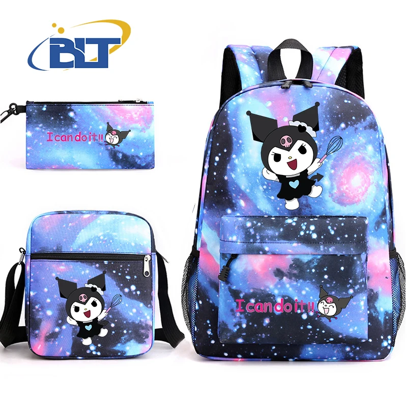 Kuromi Print Rugzak Set Campus Student Schooltas Etui Schoudertas 3-delige Set Voor Meisjes