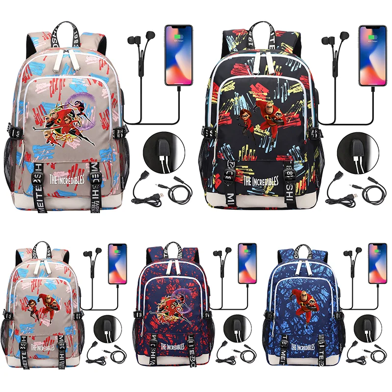 The Incredibles Multifunction Laptop Backpacks Student USB Charging Backpack Famale Colorful Print Rucksack Travel Bag Mochila