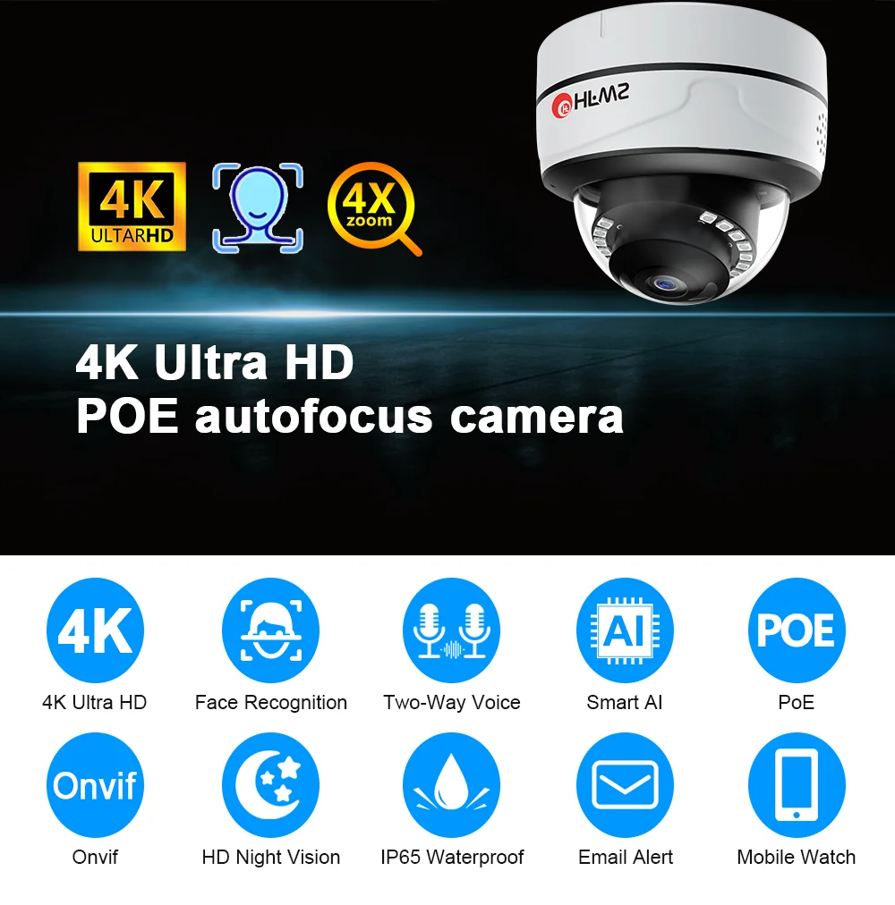 HFWVISION 4K 8Mp poe Auto Focus Ip Camera Dome Home Cctv Security Cameras Outdoor Indoor Waterproof H.265 Video Surveillance