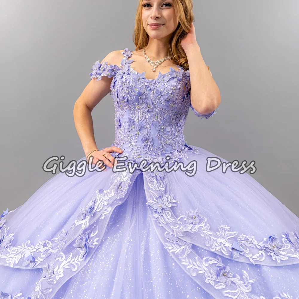 Giggle lilas épaules dénudées Tulle Quinceanera robe 3D Floral Applique robe de bal robe de bal princesse douce 15 robes personnalisées