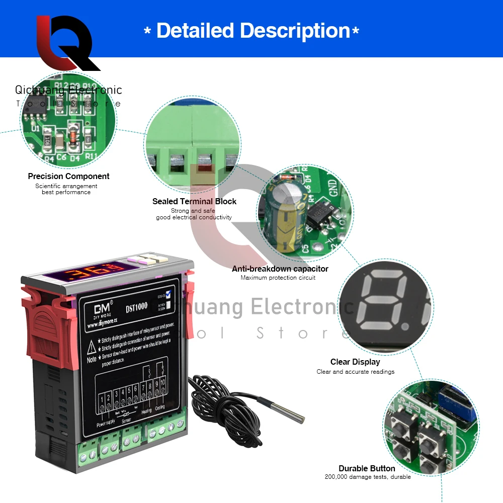 Termostato digital com display led, controlador de temperatura, sensor, incubadora de temperatura, dst1000, dc 12-72v, ac 110v-220v,-50 ~ + 120c