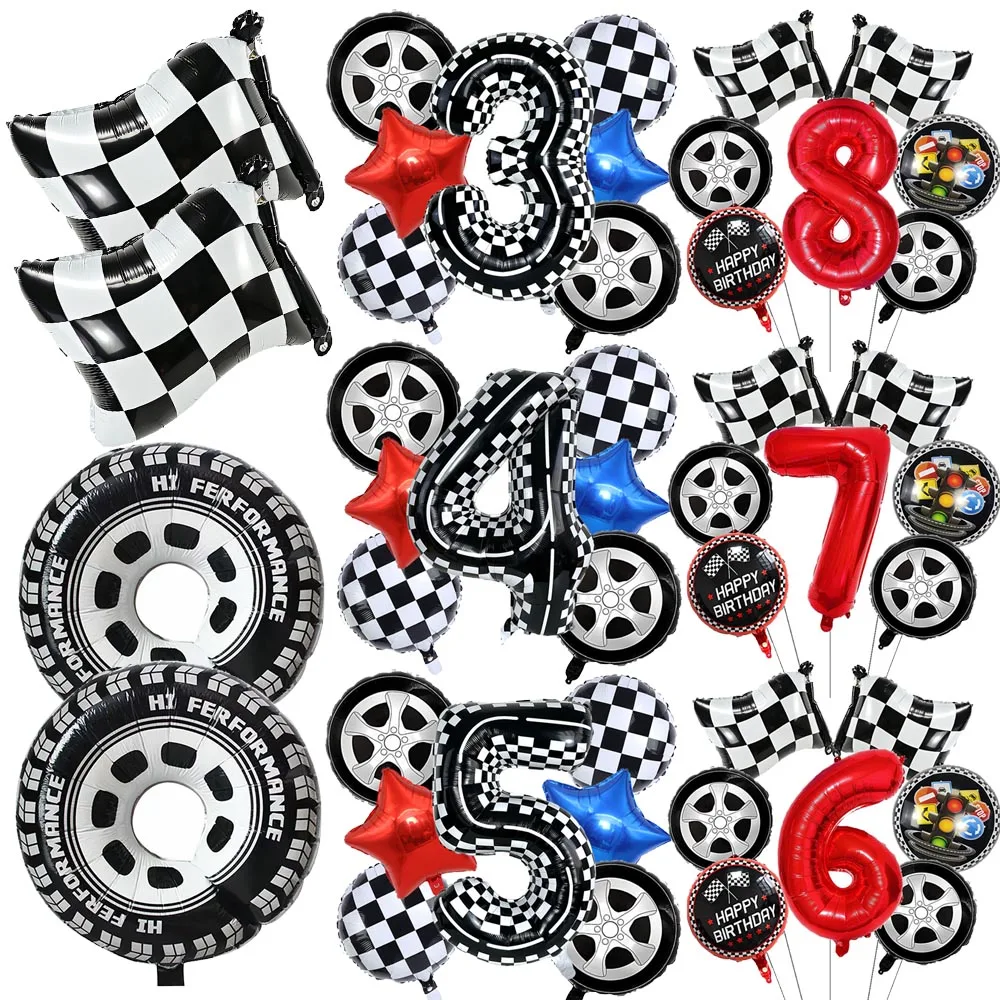 Race Car Balloon Black White Checkered Flag Tire Foil Balloon Number Balloon Set for Racing Car Theme Birthday Decorations