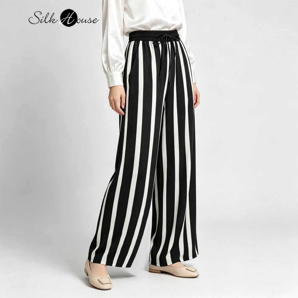 

2026 Women's Summer New 24MM 93% Natural Mulberry Silk Elastic Double Crepe Versatile Classic Black/White Striped Wide Leg Pants