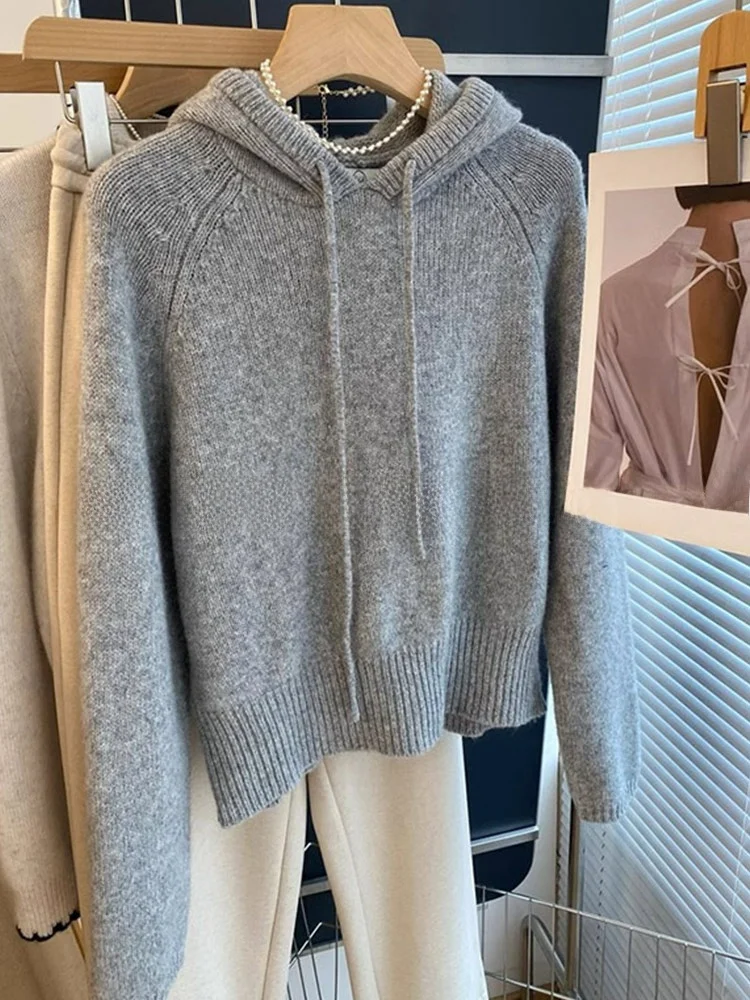 Cómoda suéter con capucha de Color puro Dstring largo Sve Overhead Simple coreano Sle adelgazante Top de punto para mujer