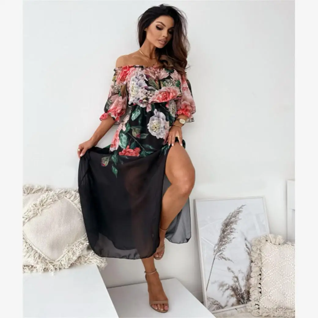 여름 섹시 엘라스틱 허리 하이웨이스트 슬릿 반팔 원숄더 드레스 미디 길이 프린트 쉬폰 랩 체스트 H 타입 드레스