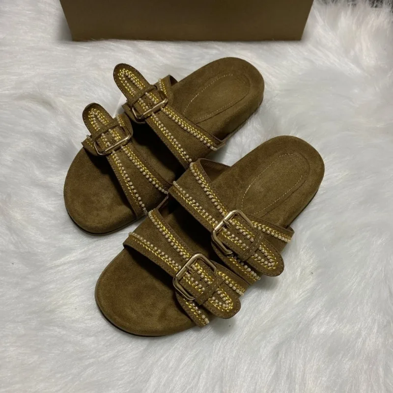 

Лето 202, женские сандалии на плоской подошве, уникальный тканый дизайн, повседневная пляжная обувь с двойной пряжкой и ремешком, повседневная женская обувь с открытым носком