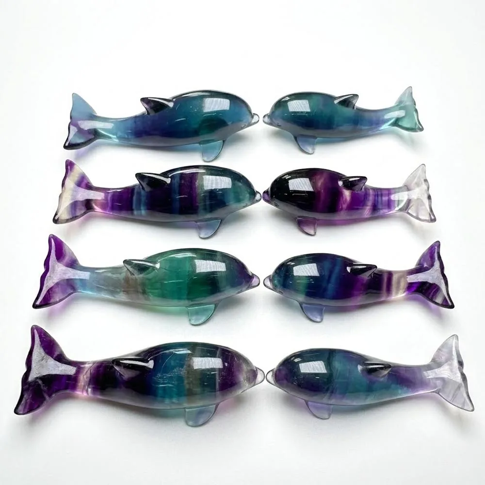 Natural Rainbow Fluorite Dolphin Figurine Hand Carved Crystal Animal Statue Reiki Healing Gemstone Ornament Home Decor Gift
