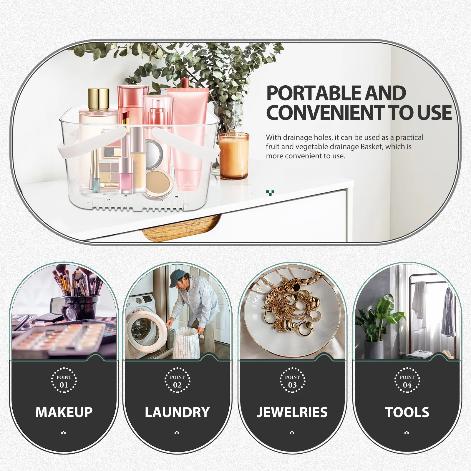 

Portable Fruit Basket With Drain Holes Storage Basket Handle Bath Organizer Multi-Function Fruit Serving