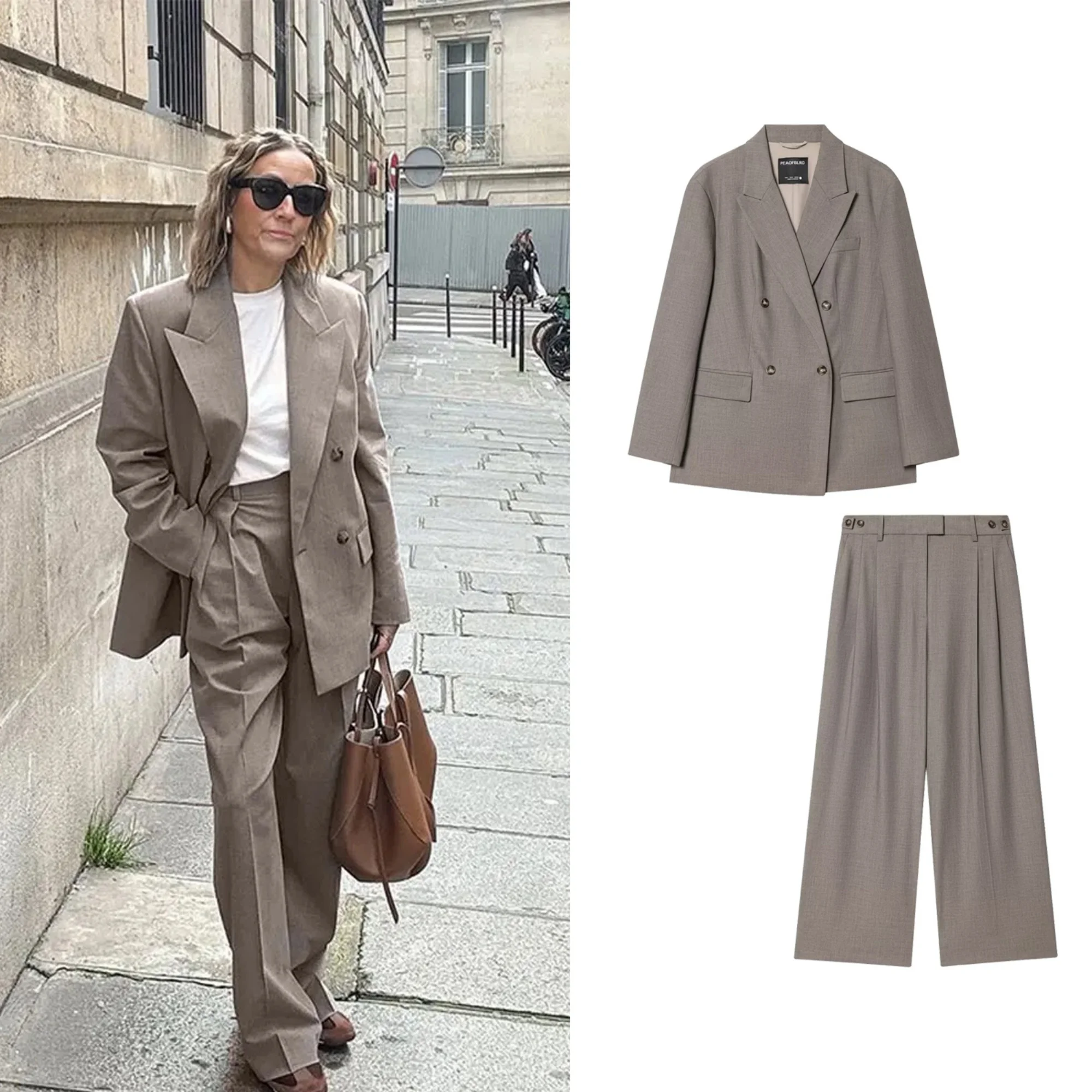 Feminino casual sólido terno calças compridas define ou moda feminina duplo breasted lapela blazers casaco ou senhora chique calças de perna larga