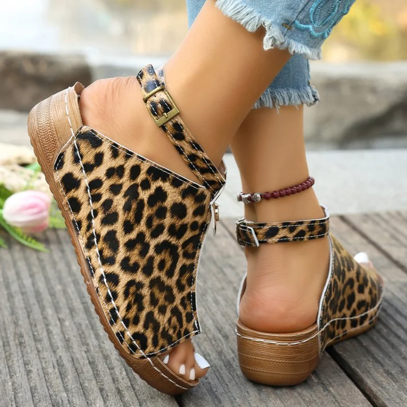 Women Leopard Print Open Toe Wedge Sandals, Backless Buckle Ankle Strap Platform Shoes, Vintage Thick Sole Casual Roman Slides