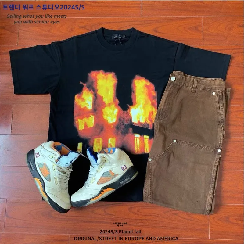 تي شيرت صيفي جديد من High Street American Flame ort Sve تي شيرت رجالي فضفاض من القطن الخالص ثقيل الوزن للأزواج ملابس شبابية