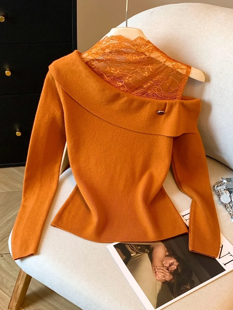 

Orange Lace Splice oulder Bared High Ne Knitwear Women's Autumn Winter New Sle Outerwear Inner Match Knitted Sweater Ho...