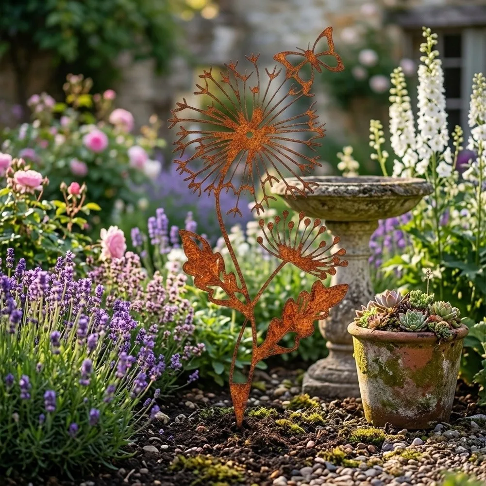 Garden Courtyard Ornament Made of Metal with Floral and Butterfly Design for Natural Outdoor Setting Integration