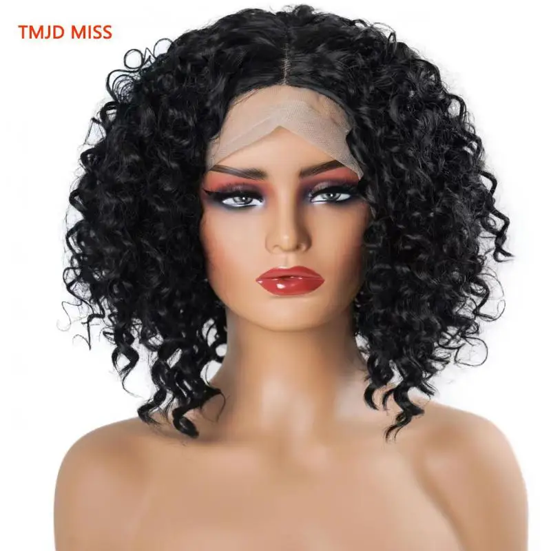 

European American Wig Women's Black Front Lace Wi Synthetic Fiber High-temperature Silk Small Curly Wig Wigs African Wig Cover