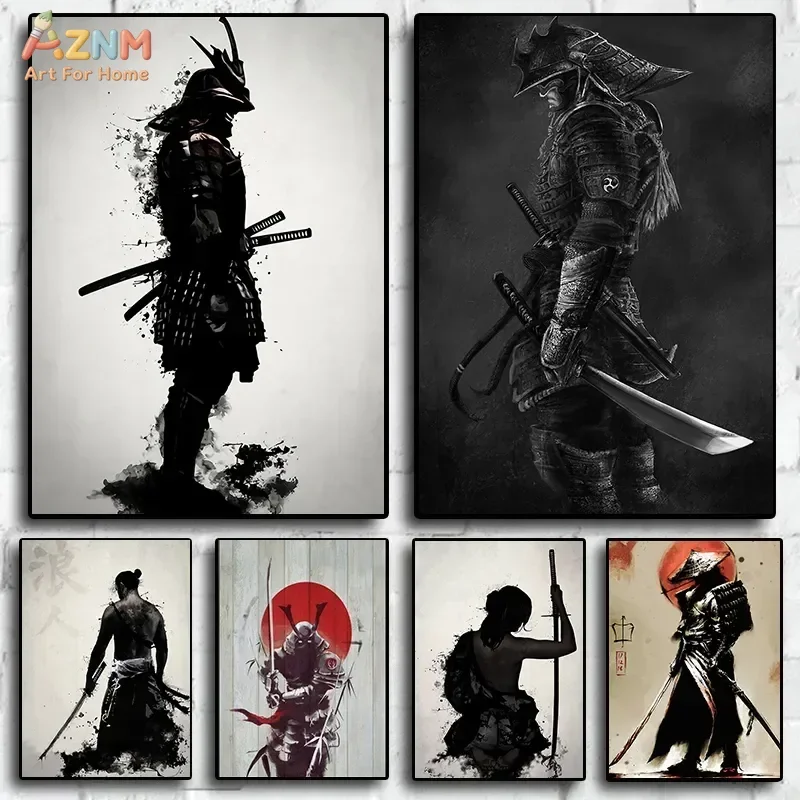 AZNM Samurai Warrior Canvas Wall Art Japanese Ink Splash Ronin Katana Poster Print Black White Oriental Decor Unframed Canvas Pa