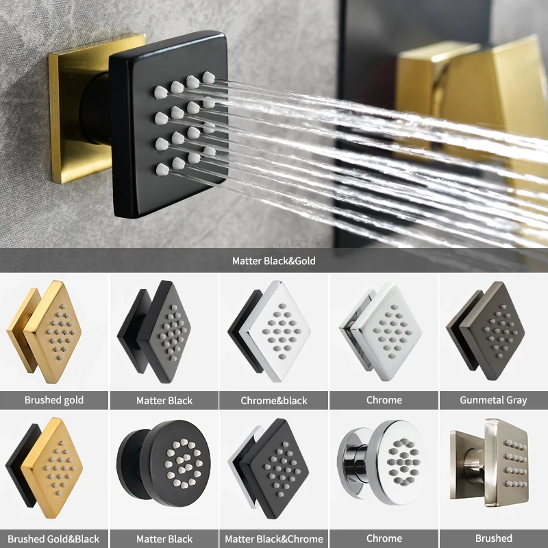 Bathroom Brushed Gold Solid Brass Square  Shower Spray Jets Shower Head Spa Saving Water Massage Body Jet Black Grey Chrome