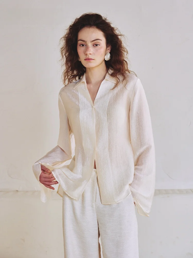 

Hamere Spring Summer Transparent White Acetate Texture Stripe Folded Belted Lazy Small V-ne irt Women's Original Design