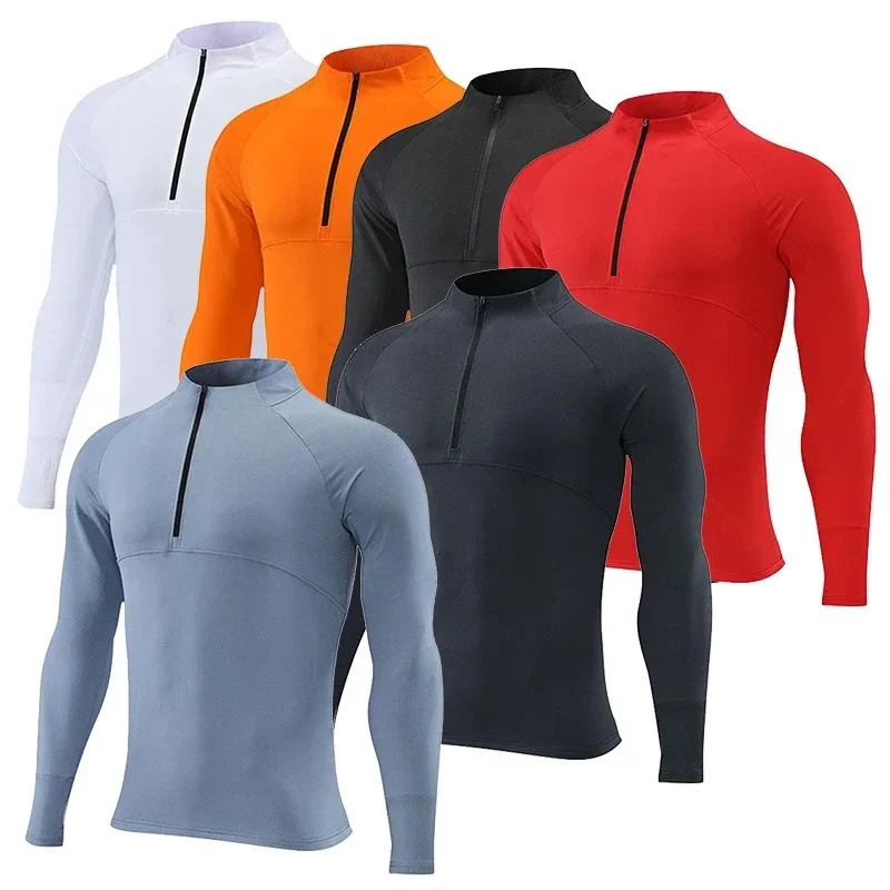 Men Quick Dry Breathable Running Shirt Bodybuilding Sport T-shirt Long Sleeve Zipper Stand Collar Gym Fitness Jogging Top