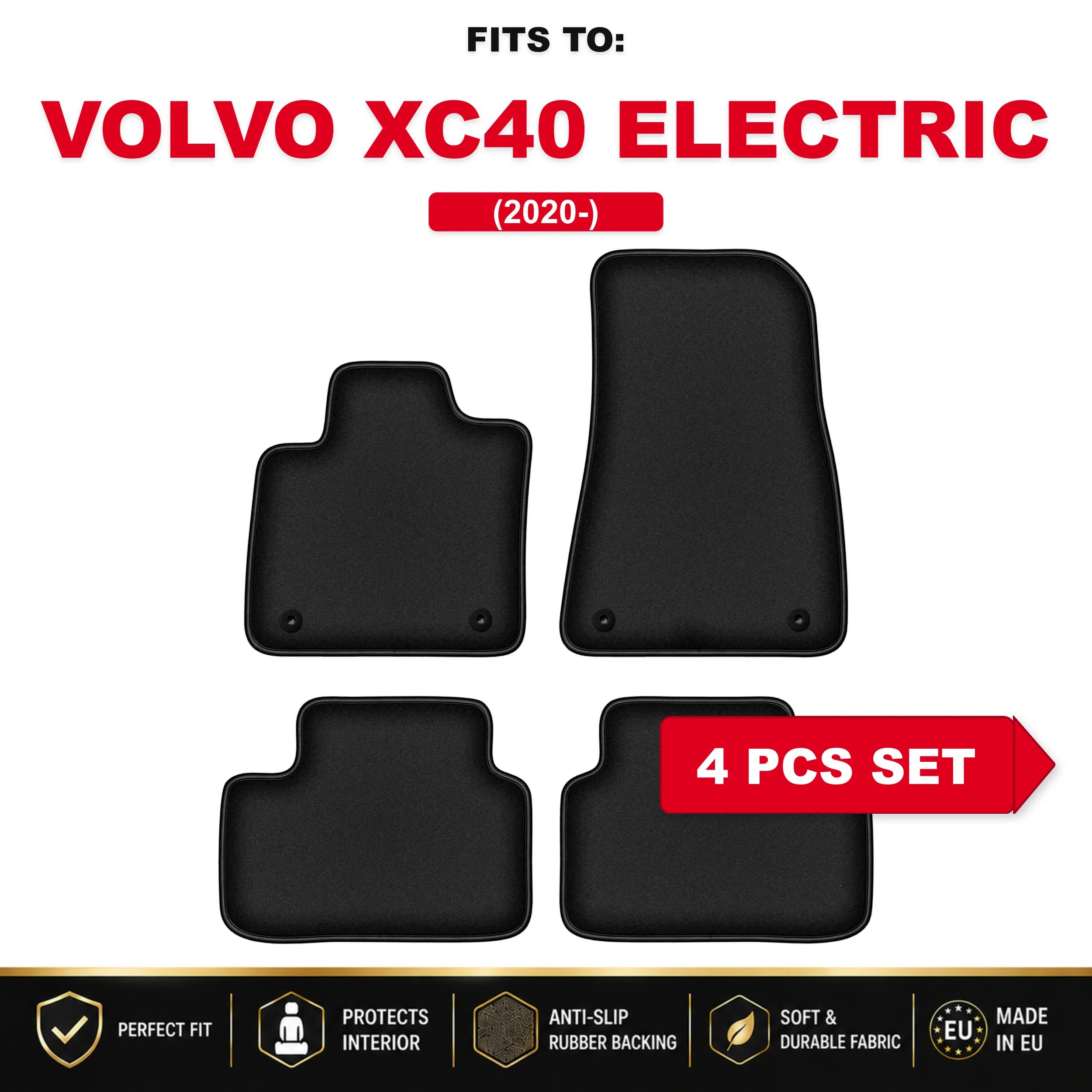 Zwarte velours autovloermatten, 4 stuks Voor: Volvo XC40 Electric 2020 - bijpassende automattenset